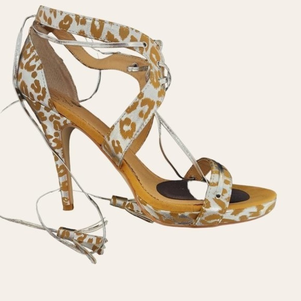Colin Stuart Metallic Leopard Cheetah Animal Print Gold Silver Lace Up Wrap heel